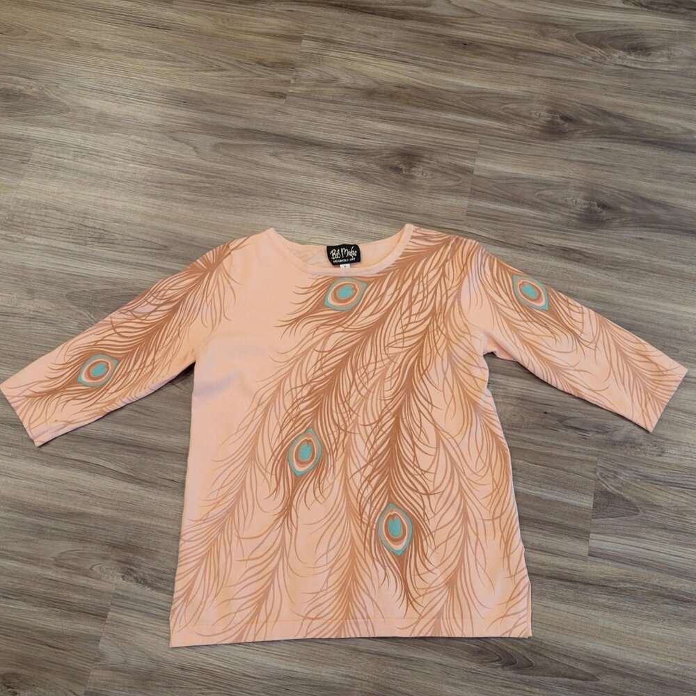 Bob Mackie Womens Peach Medium Sweater Wearable Art Artsy Peacock Boho 3/4 Slv